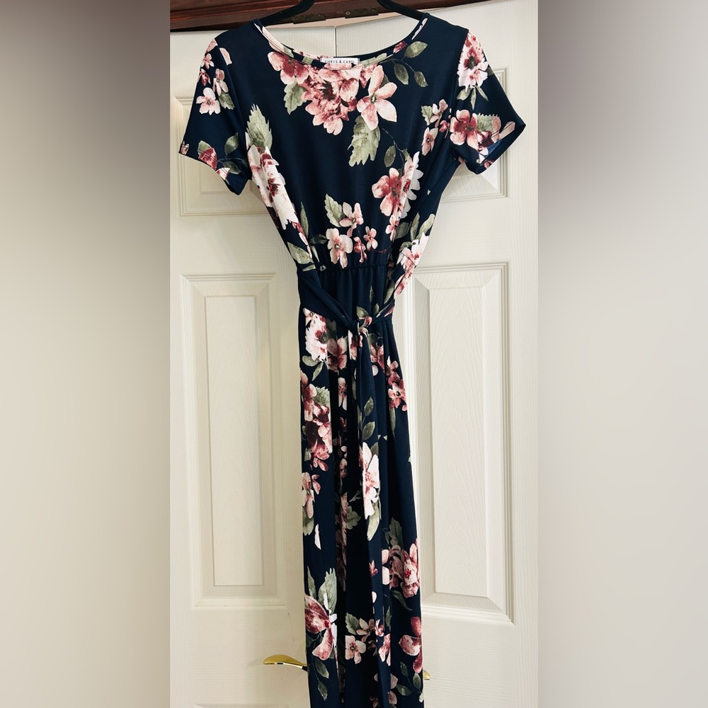 Chris and Carol Navy Floral Midi Dress with Pink Blossoms - Picture 5 of 9